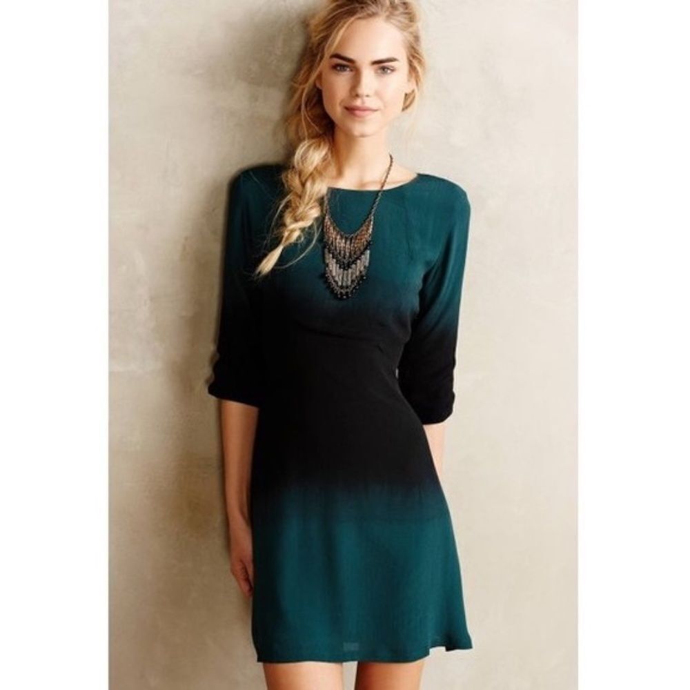 Anthro Chloe Oliver Black/Aqua Ombre Fit/Flare Dress Sz